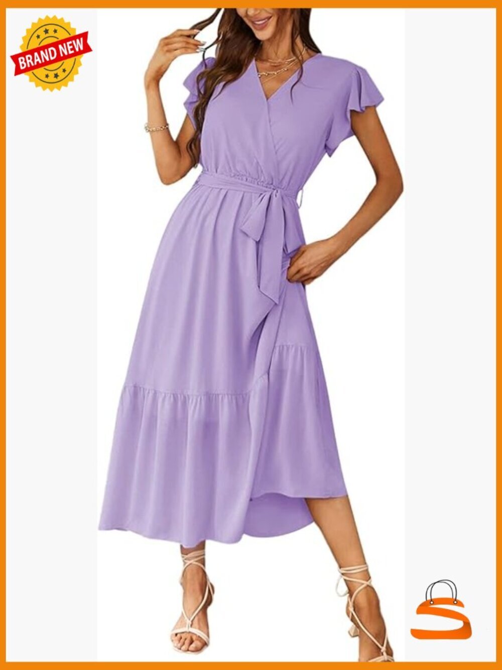 Women's Boho Maxi Dress Short Sleeve Wrap V Neck Ruffle Flowy Beach Guest Dress